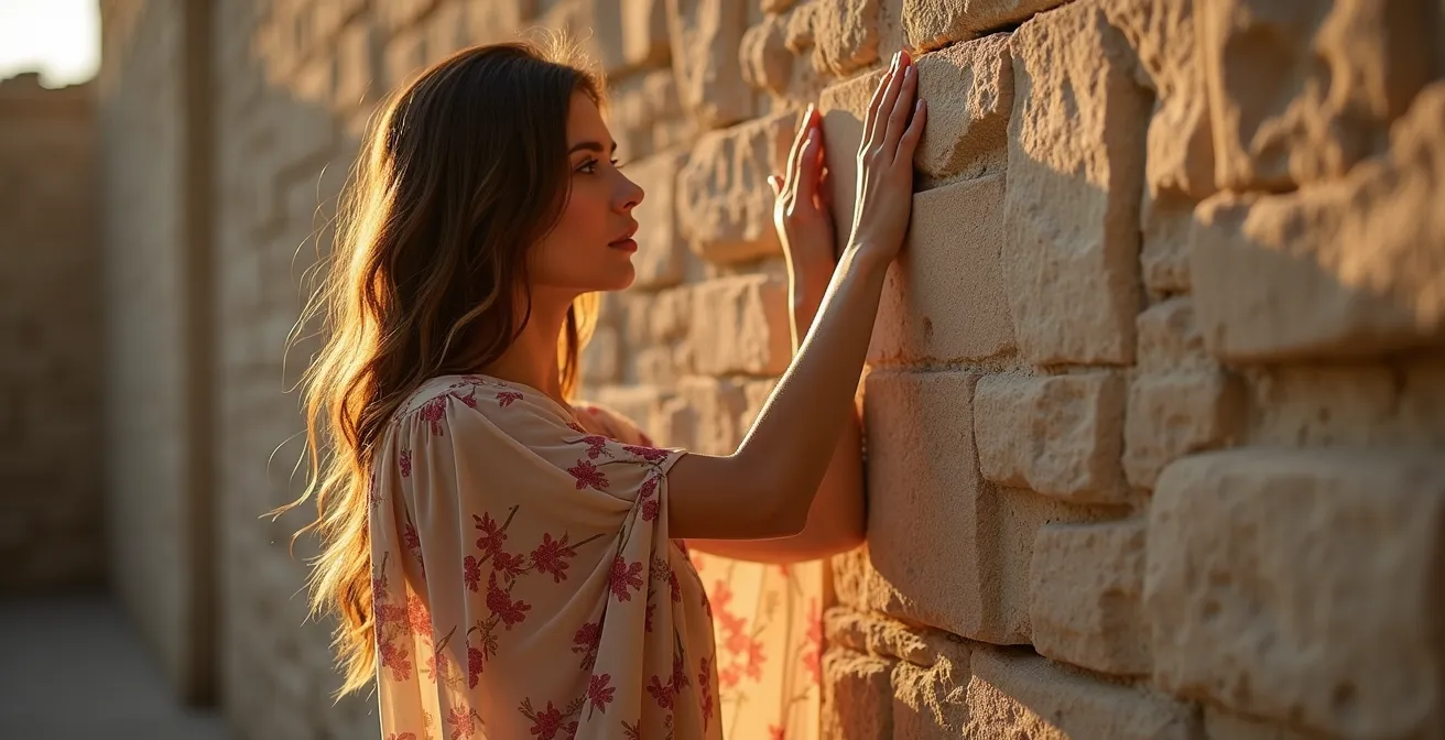 Model interacting with architectural elements showing the tactile connection between fashion and the environment.