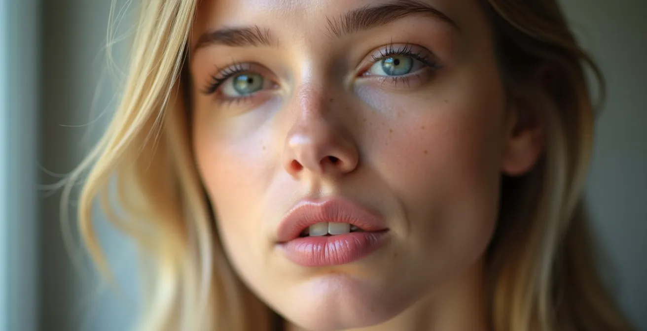 Beauty model demonstrating subtle facial expressions for cosmetic campaign