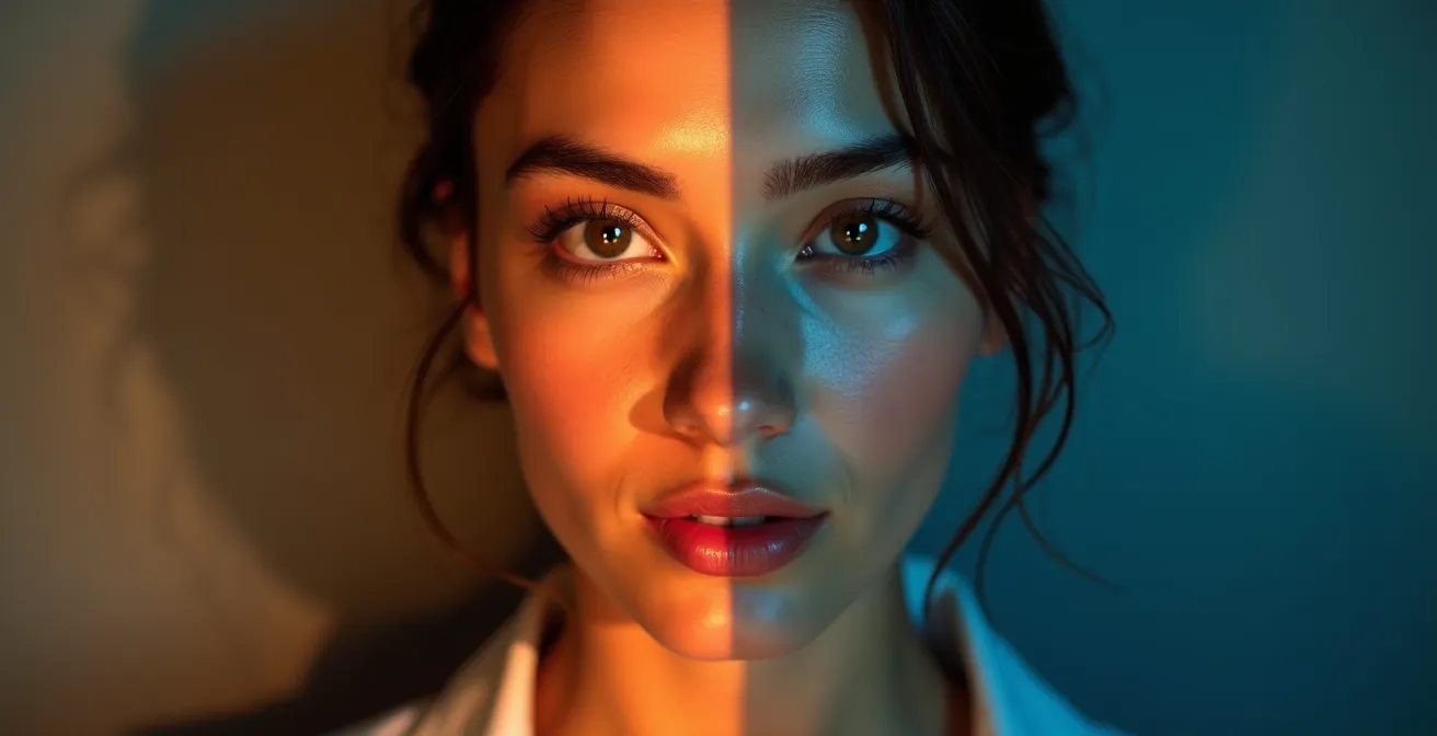 Split portrait showing model demonstrating commercial smile versus editorial stare