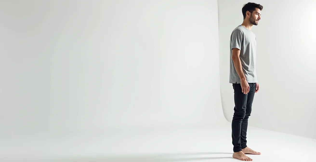 Model in clean, neutral wardrobe demonstrating professional casting pose against seamless background