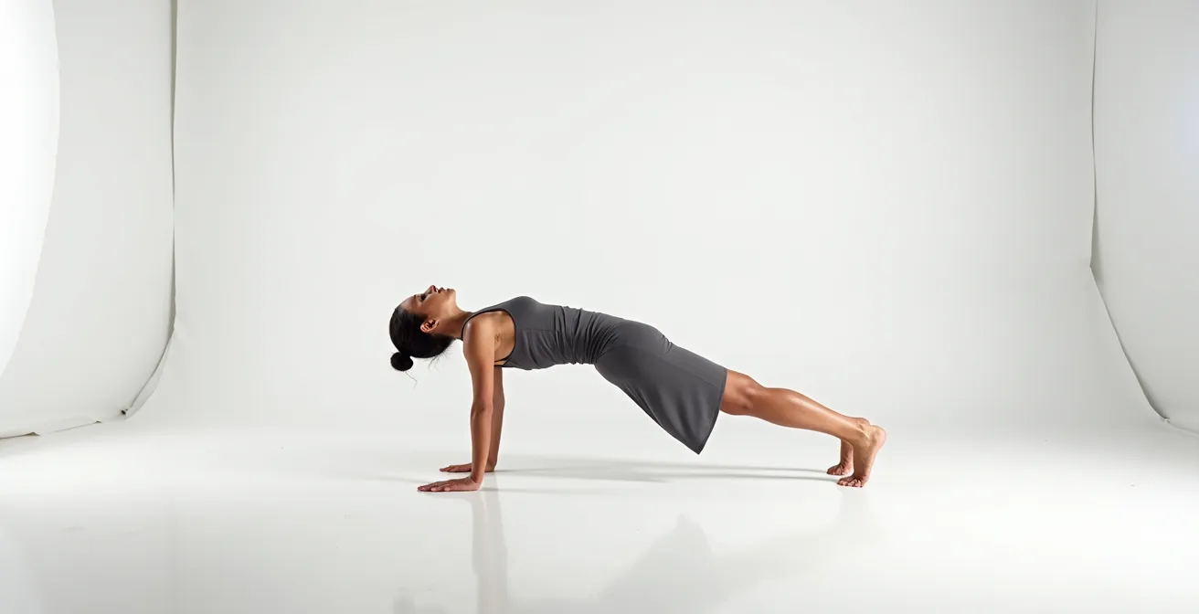 Athletic figure demonstrating plank position with perfect spine alignment for core-shoulder stability