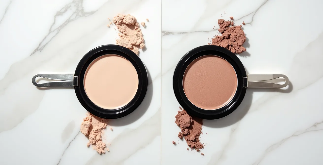 Side-by-side comparison of cream and powder contour under different lighting