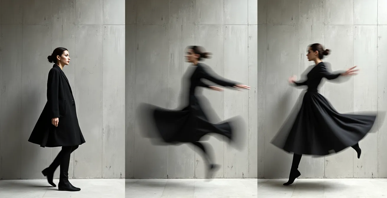 Sequential fashion poses showing an energy progression from a static pose to dynamic movement.