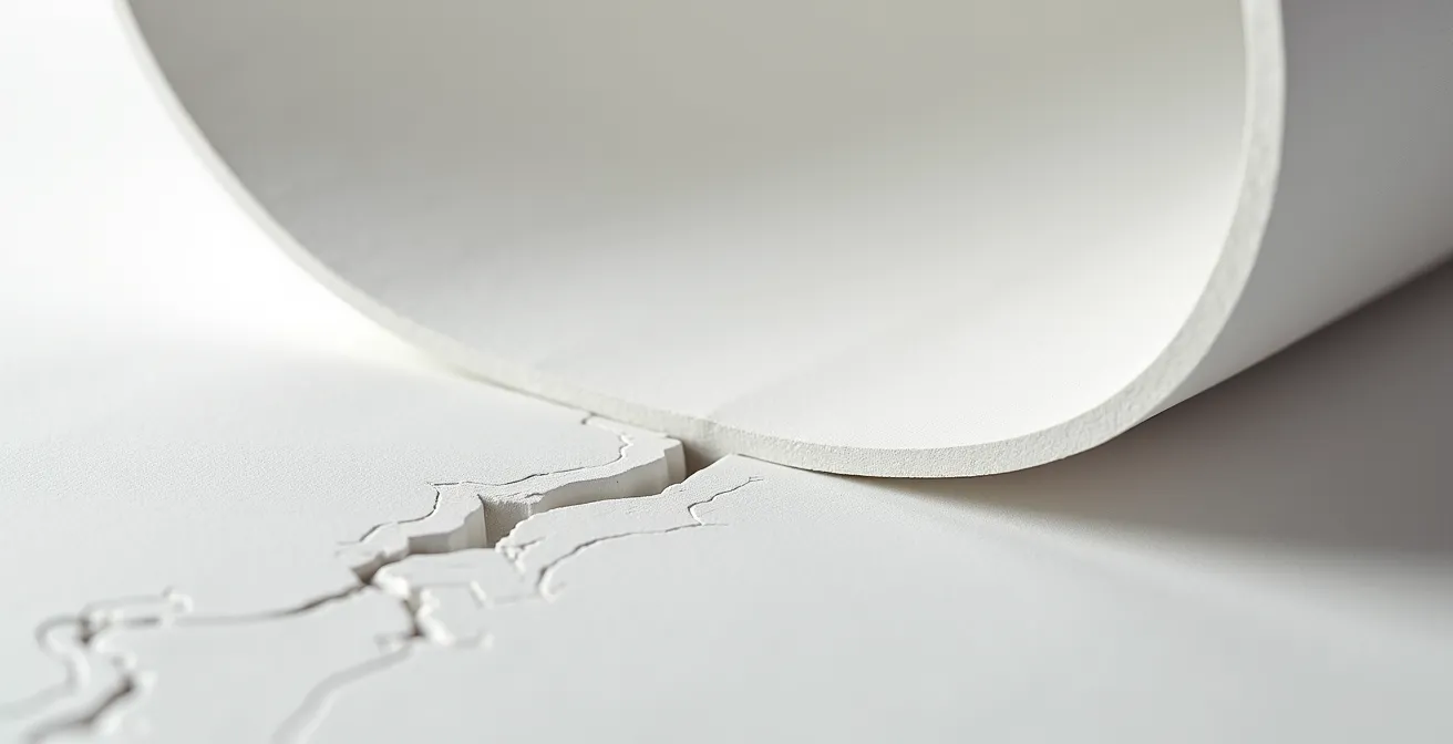 Extreme close-up of a pristine white cyclorama curve showing the delicate plaster surface texture
