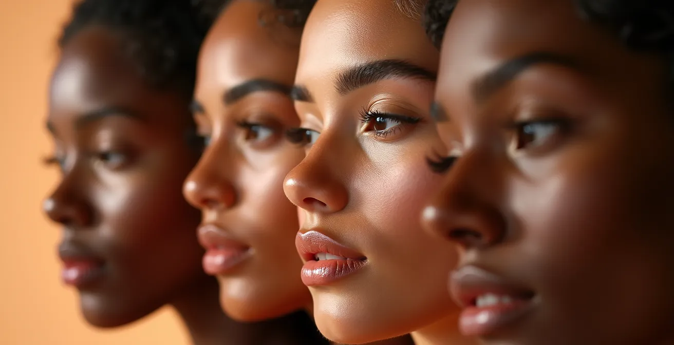 Multiple models with diverse skin tones under professional beauty lighting