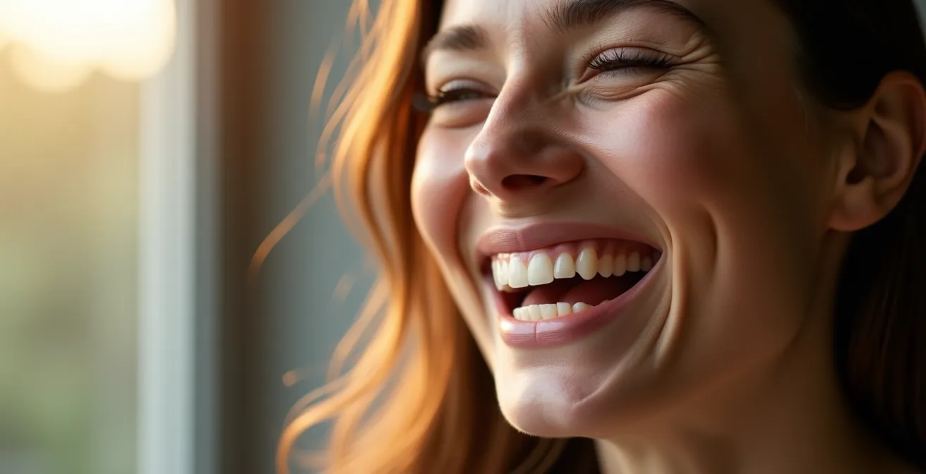 Split-screen comparison showing a model's natural, authentic laugh versus a restricted facial expression