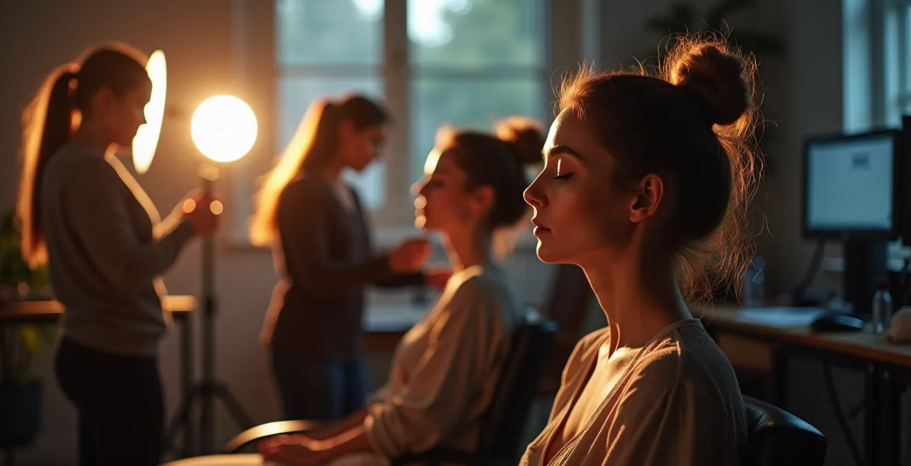 Behind-the-scenes view of model preparing during technical setup on fashion set