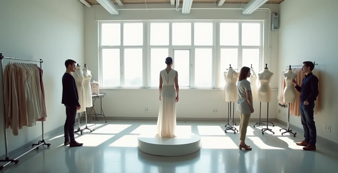 Professional fit model demonstrating garment fitting process in design studio