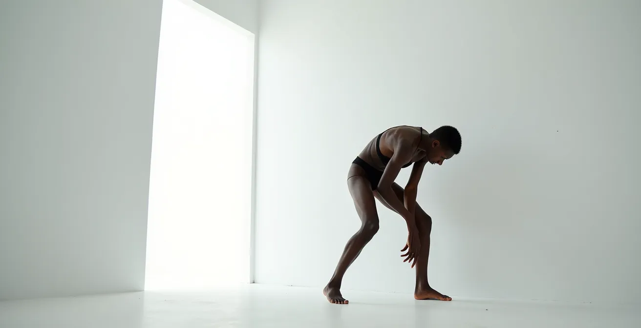 Model in unconventional artistic pose showing dramatic expression and avant-garde fashion concept