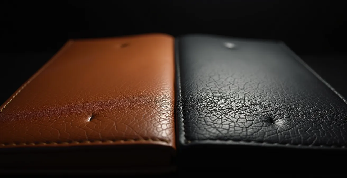 Visual comparison showing the textural difference between authentic leather and fake plastic, symbolizing legitimate vs. fraudulent agencies.