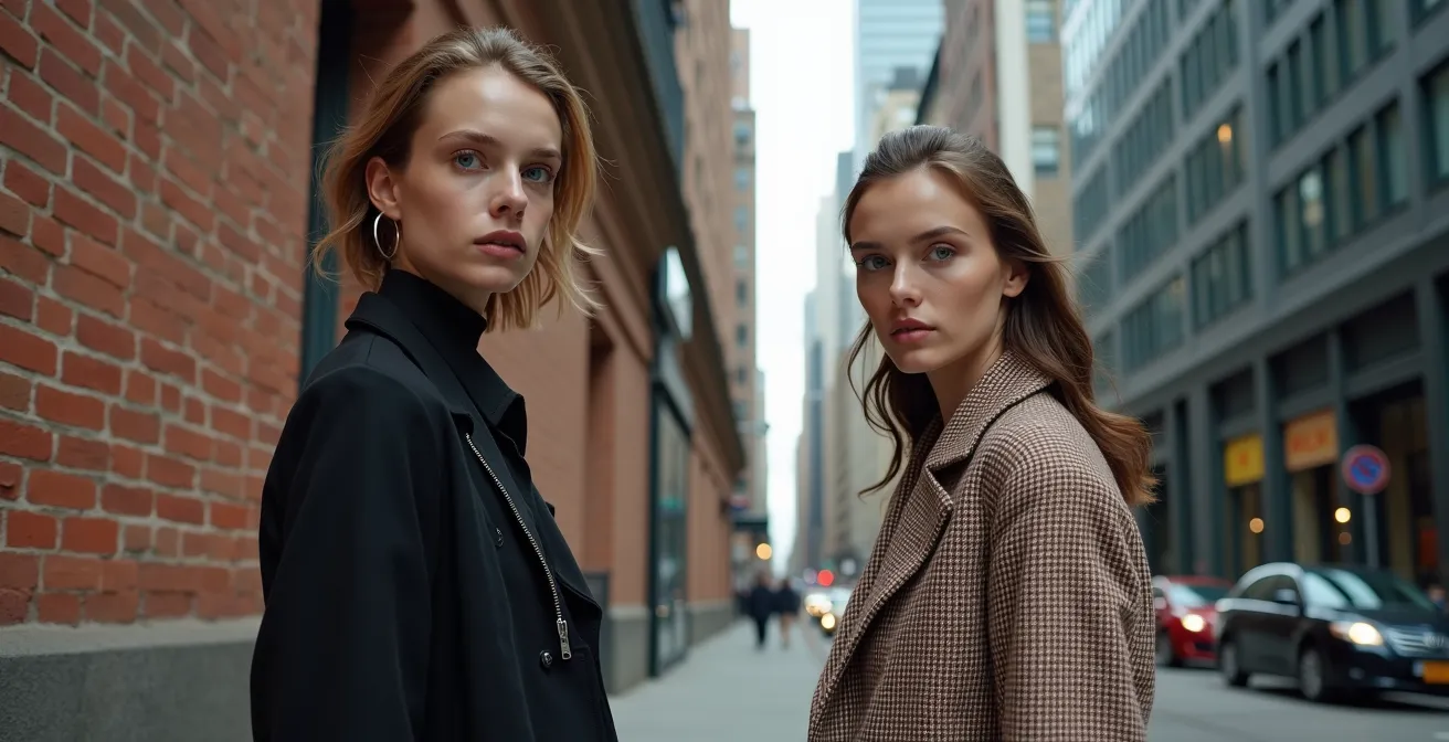 Split composition showing London creative fashion scene versus New York commercial market atmosphere