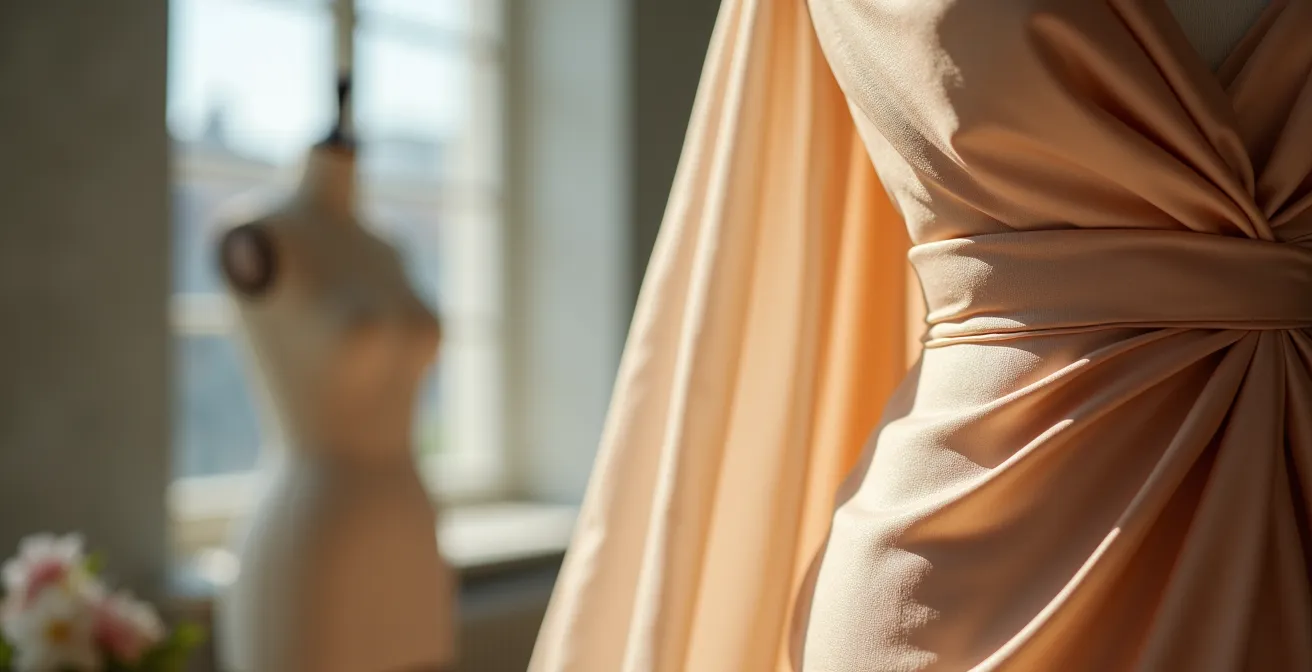 Close-up of luxury silk fabric draping on dress form showing precise fit requirements
