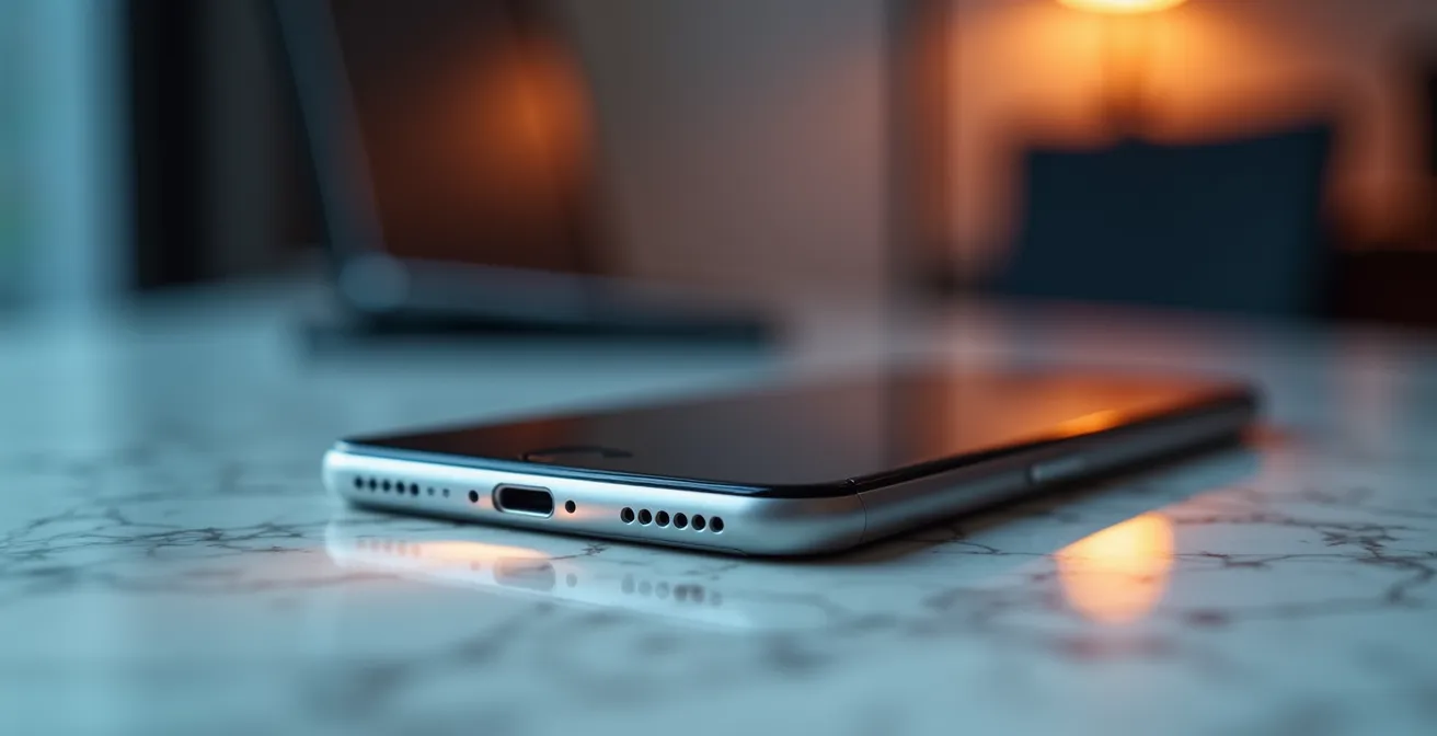 Extreme close-up of smartphone screen edge showing notification light without readable text