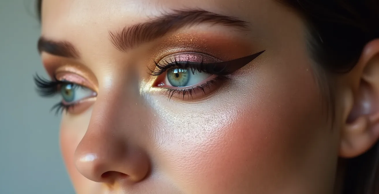 Close-up beauty shot showing half natural makeup and half editorial bold makeup on model