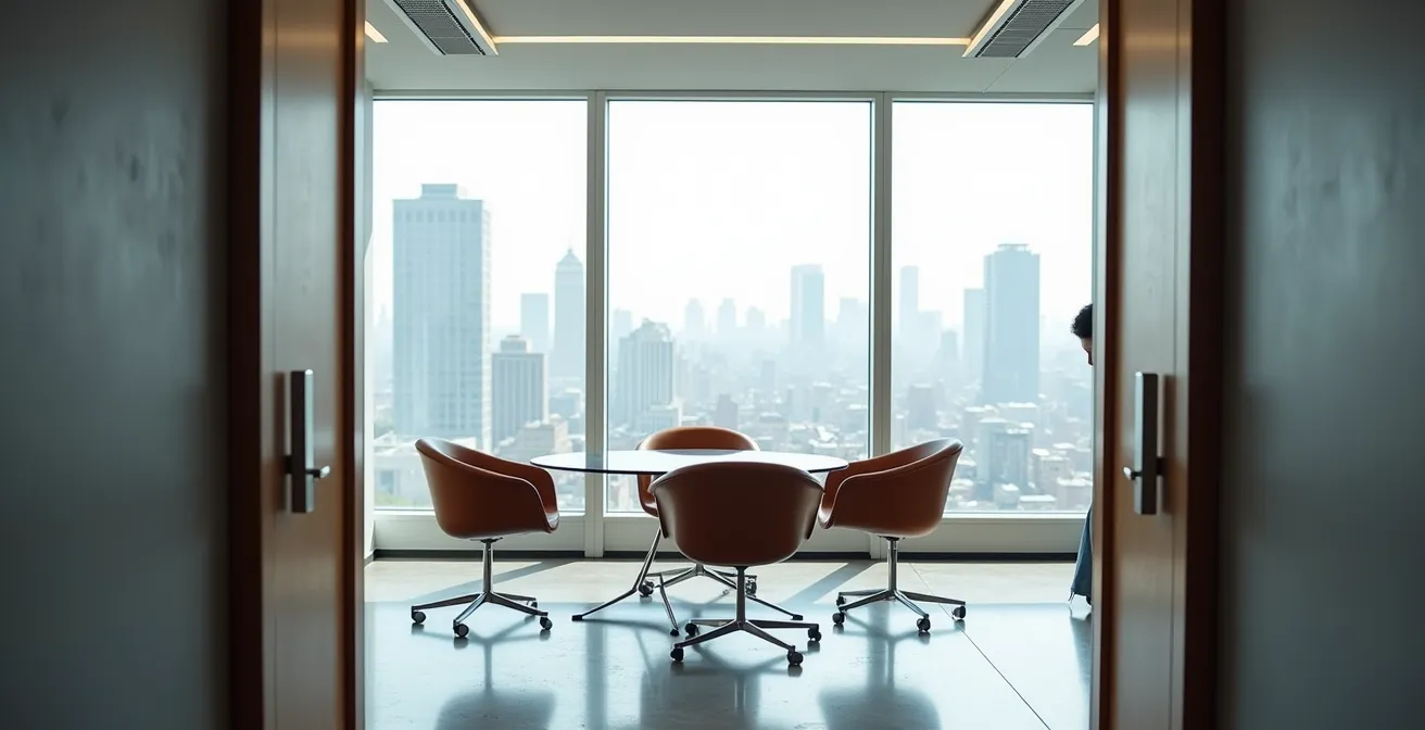 Wide angle view of empty modern agency meeting room with large windows and minimal furniture
