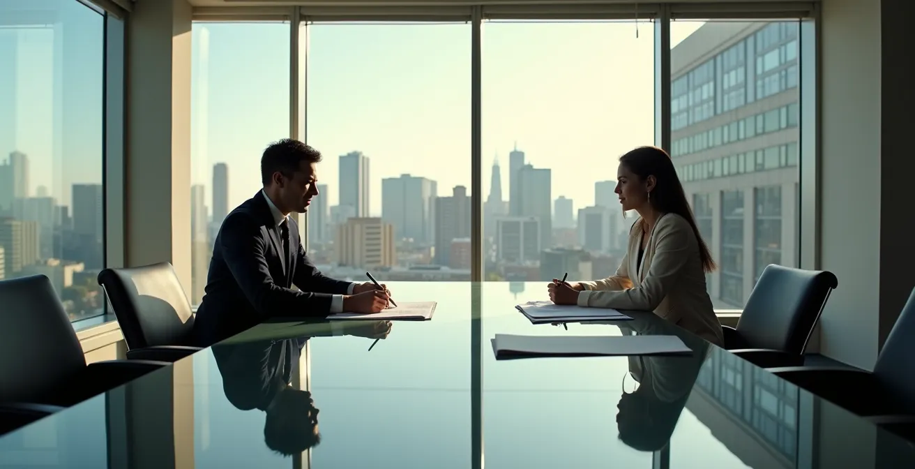 Professional negotiation scene between model and agency representatives at conference table
