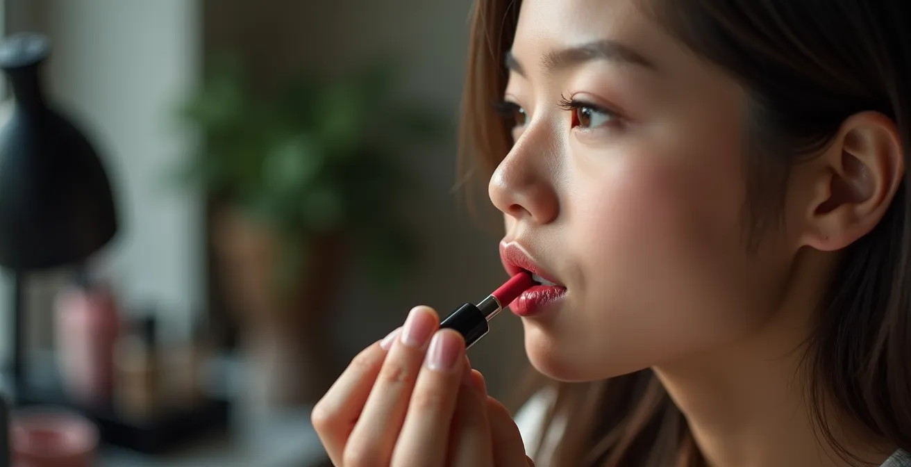 Professional model demonstrating precise lipstick application technique for video tutorial