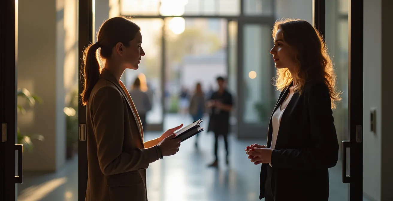 Professional model arriving early to studio, checking in with production team