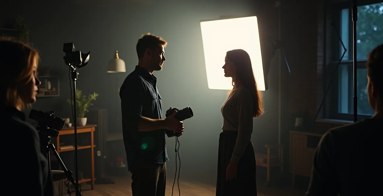 Model respectfully interacting with production assistant on fashion set