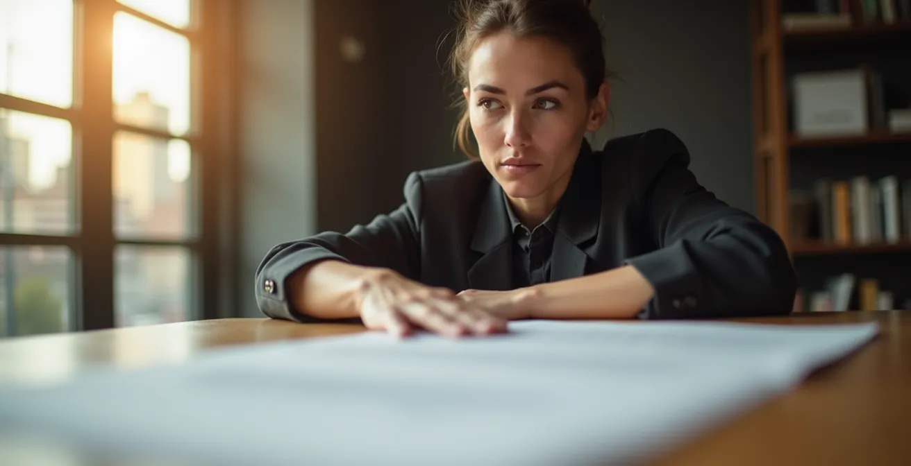 Professional model reviewing contract terms at a negotiation table, conveying confidence and control.