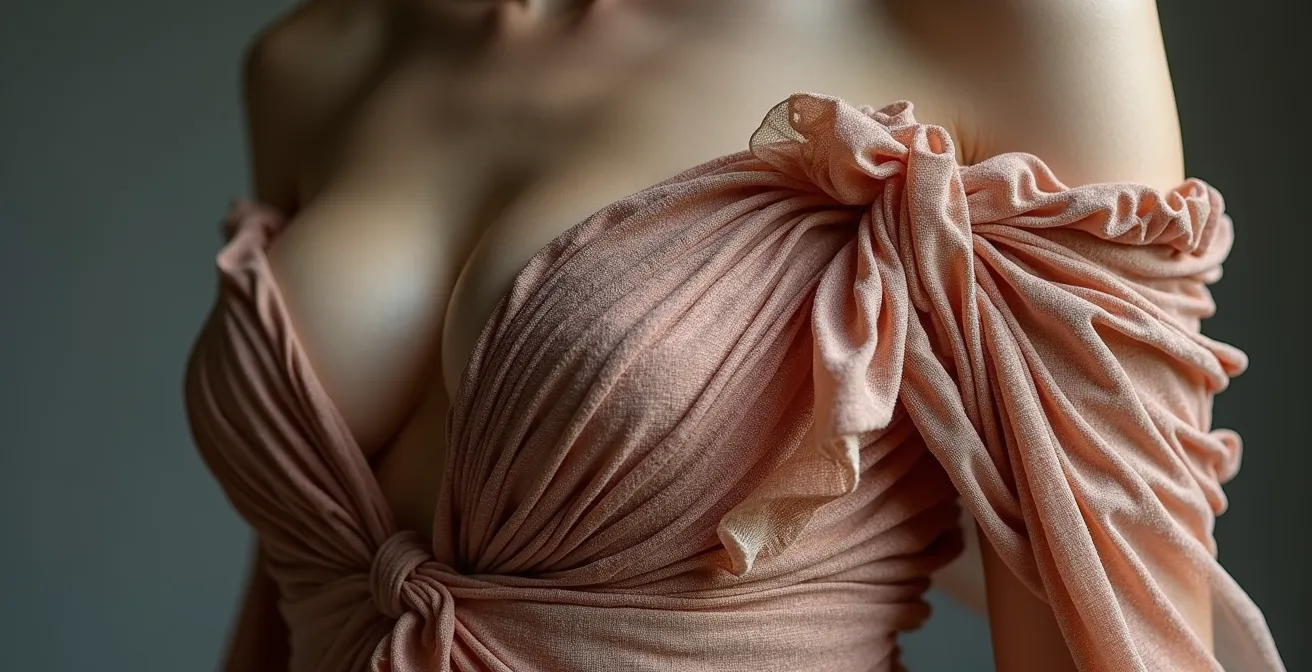 Fashion model demonstrating fluid posing technique in structured haute couture garment