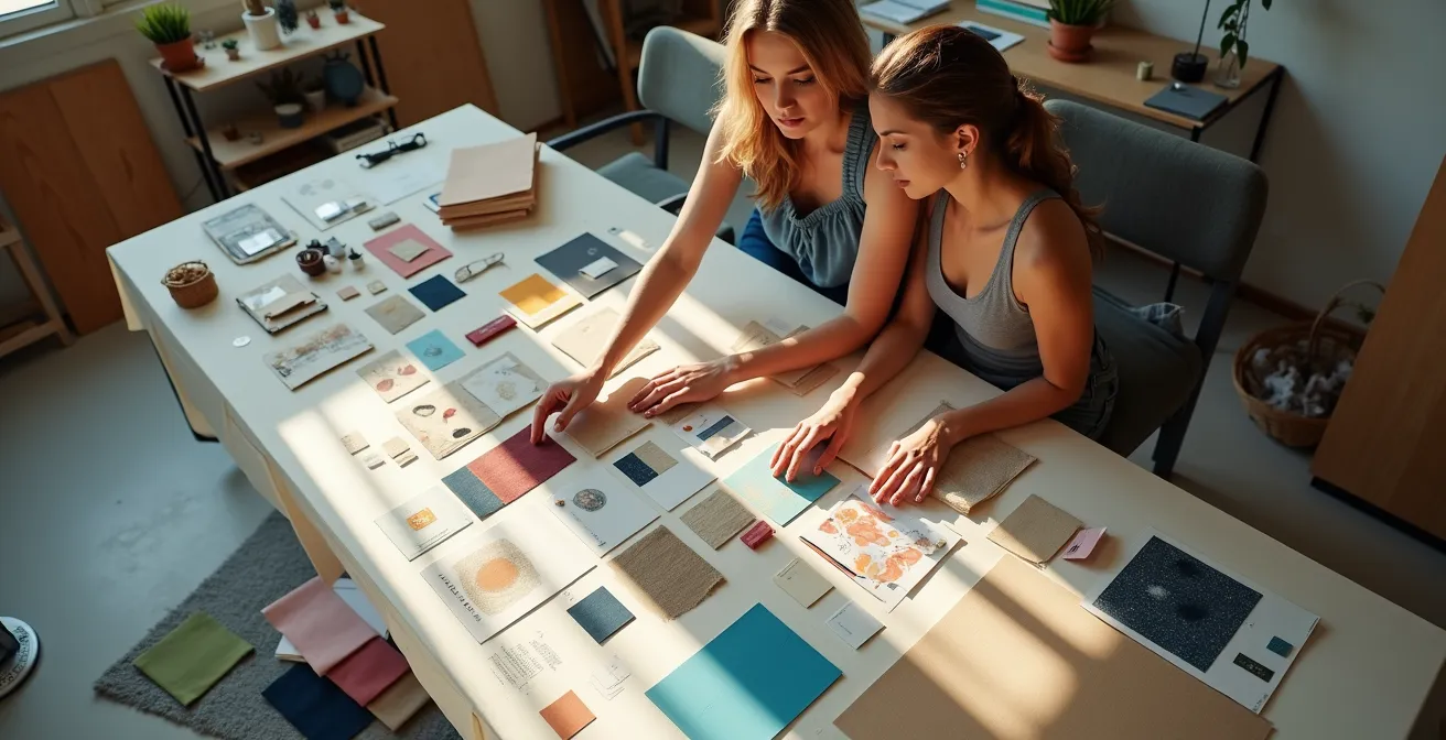 Model and art director reviewing inspiration materials together in creative workspace