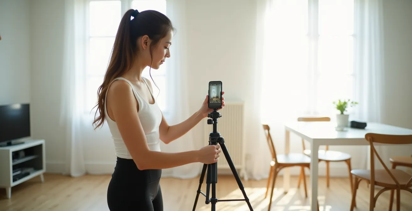 Model taking digital photos with smartphone on tripod using natural window light