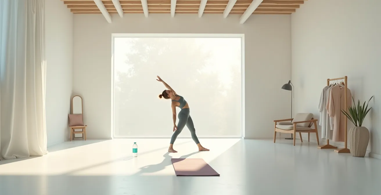 Fashion model in active stretching pose during photoshoot break with professional equipment in soft focus background