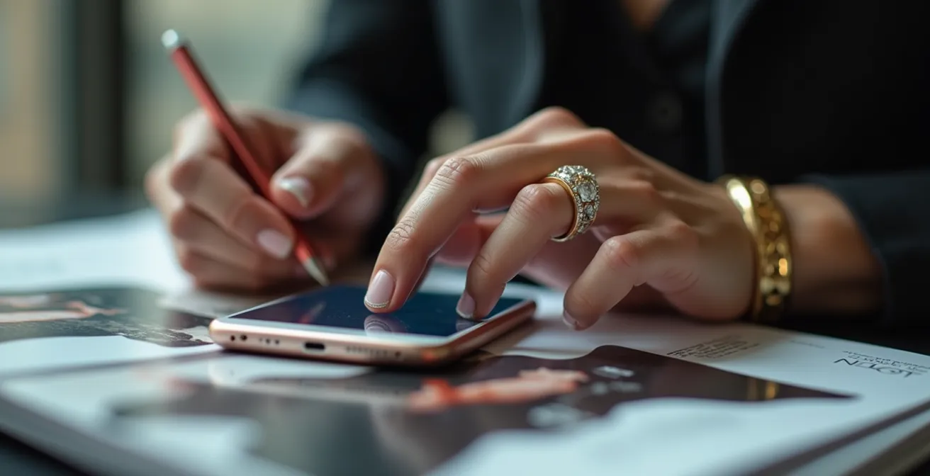 Model thoughtfully composing professional comment on mobile device