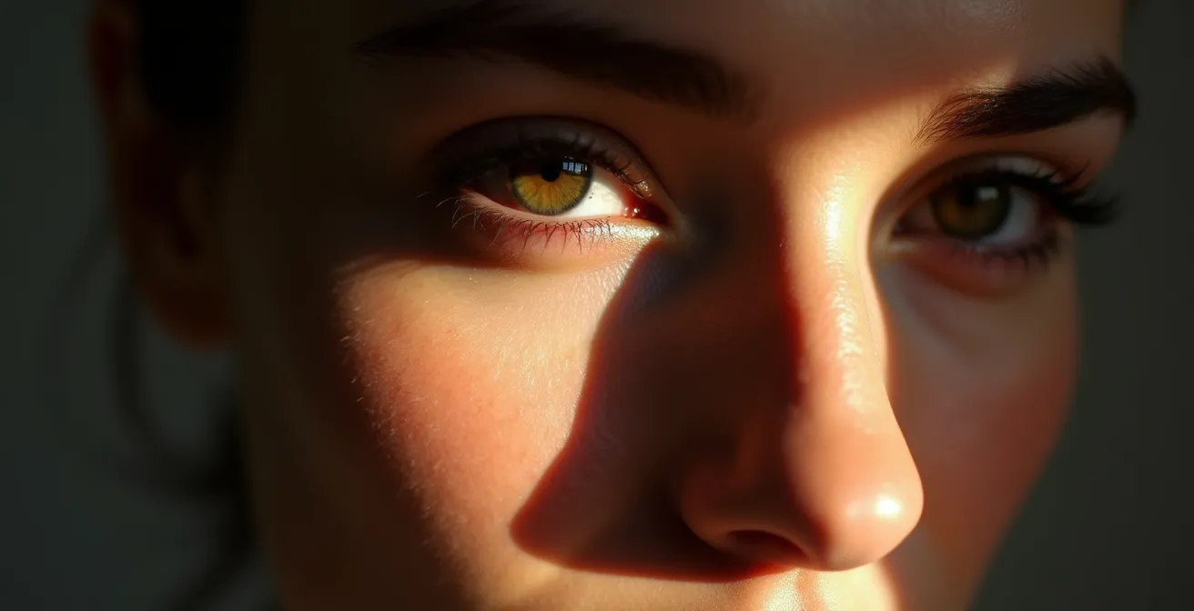 Close-up portrait showing model demonstrating different chin angles to catch natural light