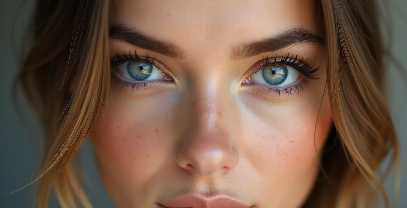 Close-up of model demonstrating fierce eye expression with relaxed jaw
