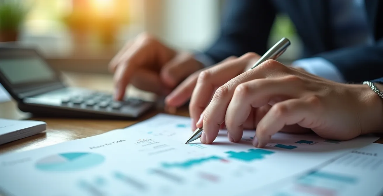 Professional model reviewing financial documents and payment schedules