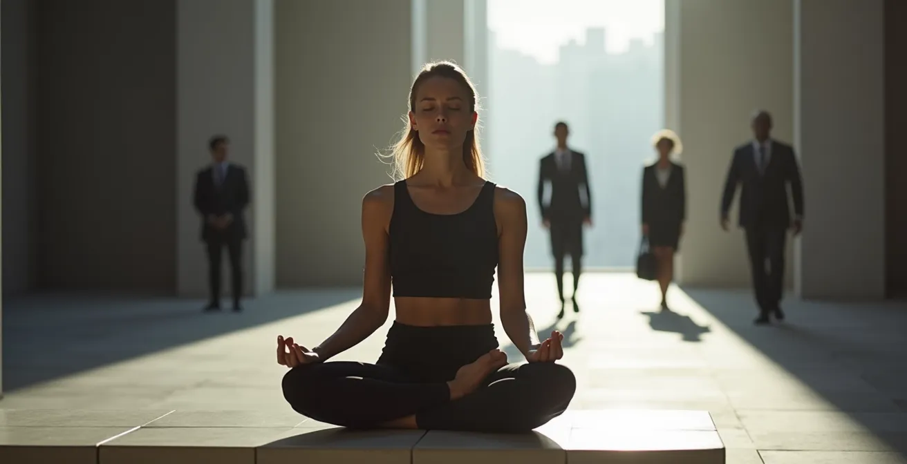Model maintaining focus through breathing exercises in casting waiting area