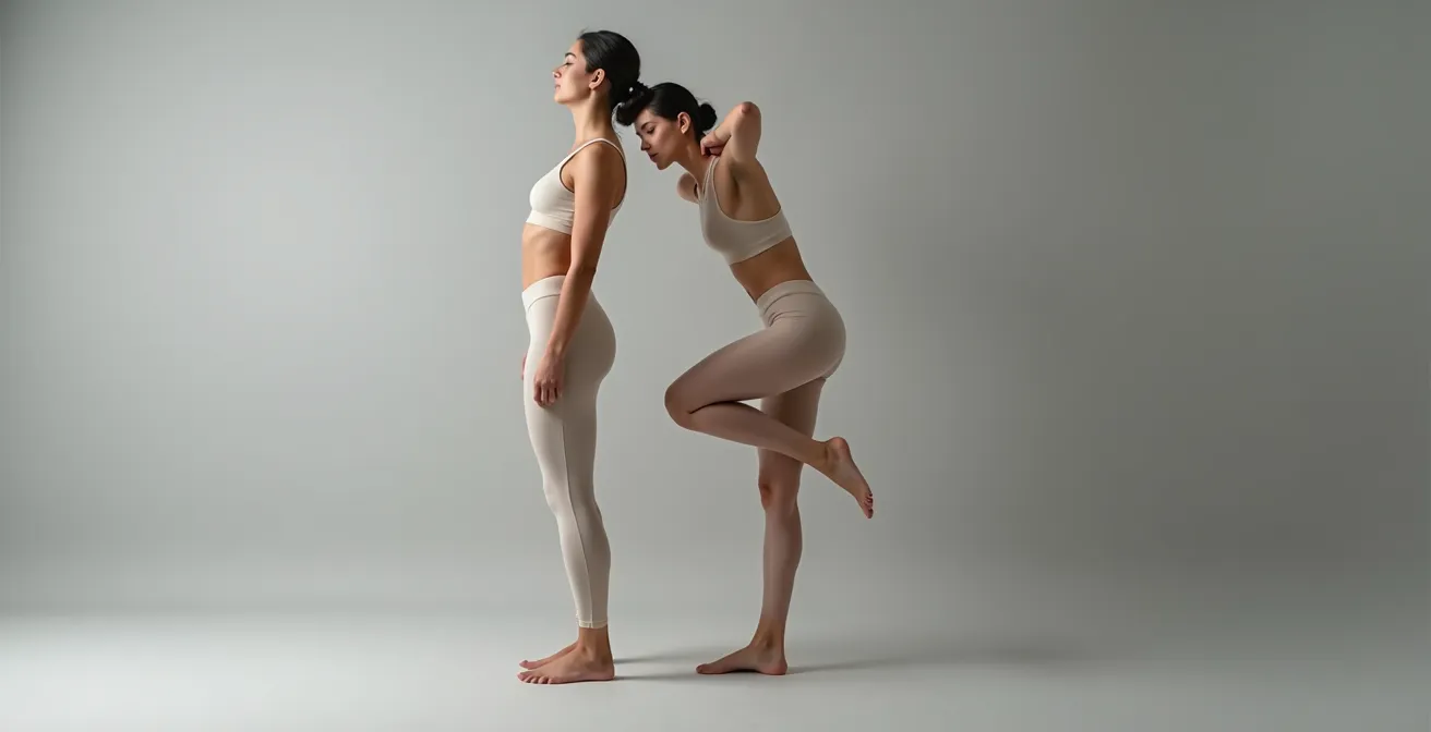 Fashion model demonstrating how foot placement affects spinal curvature and body posture