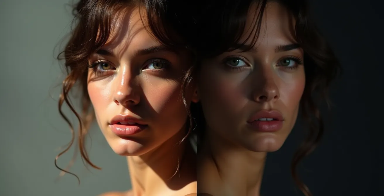 Fashion model demonstrating three-quarters gaze technique with subtle eye direction