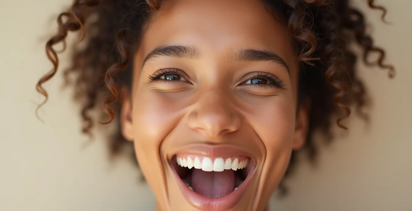 Close-up of model's face demonstrating authentic Duchenne smile with engaged eye muscles