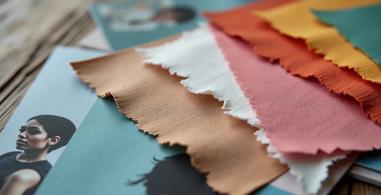 Professional mood board setup showing curated fashion imagery and color palettes