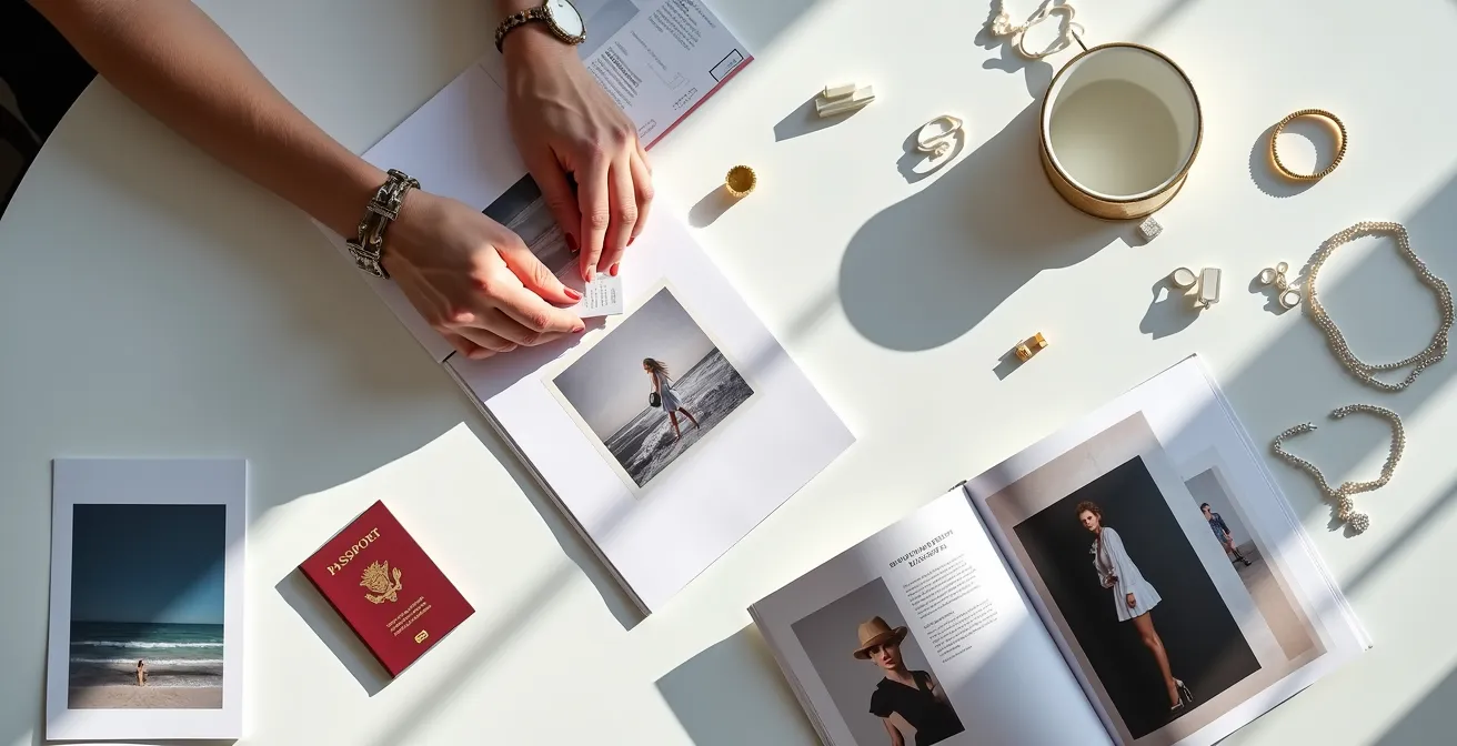 Model reviewing international market opportunities with portfolio spreads showing diverse aesthetic styles