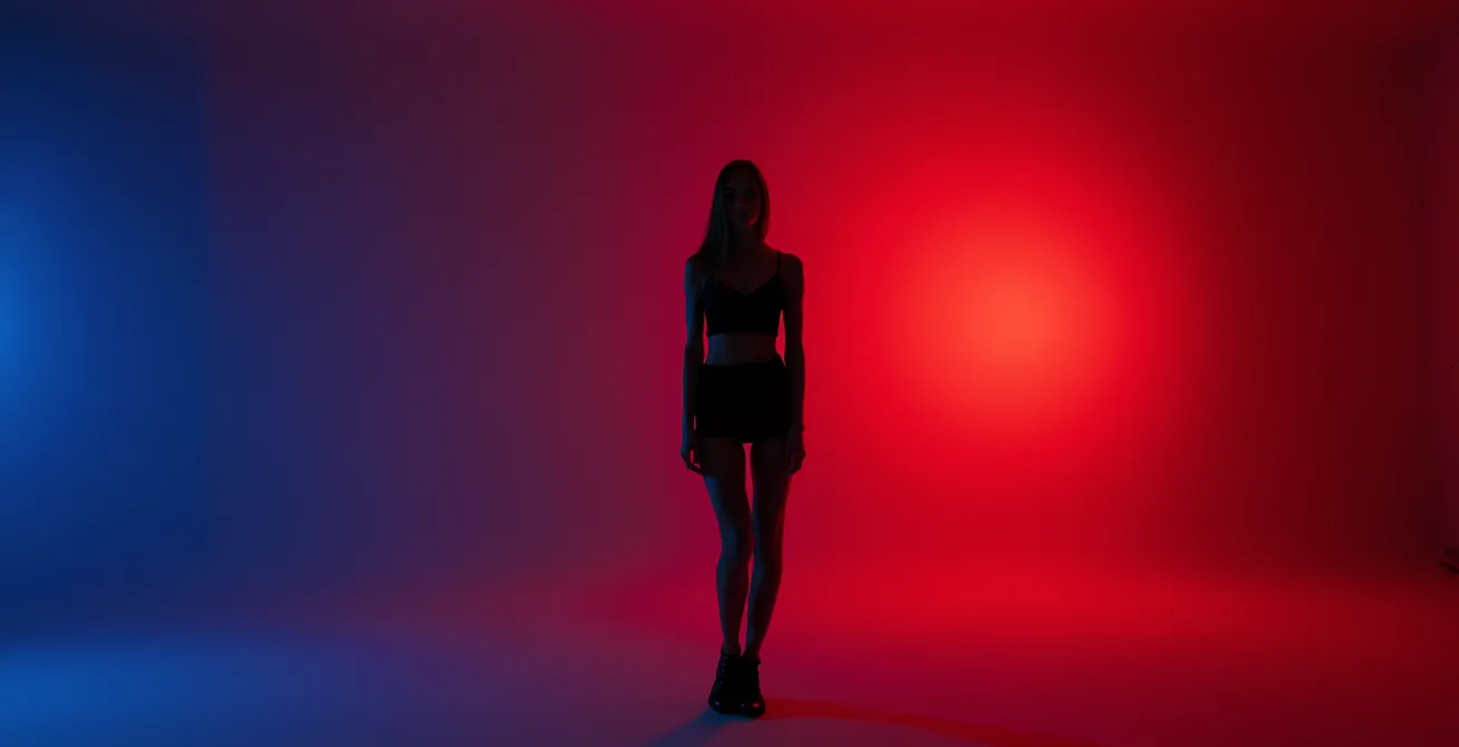 Model positioned between blue and red gel lights demonstrating color wrap technique