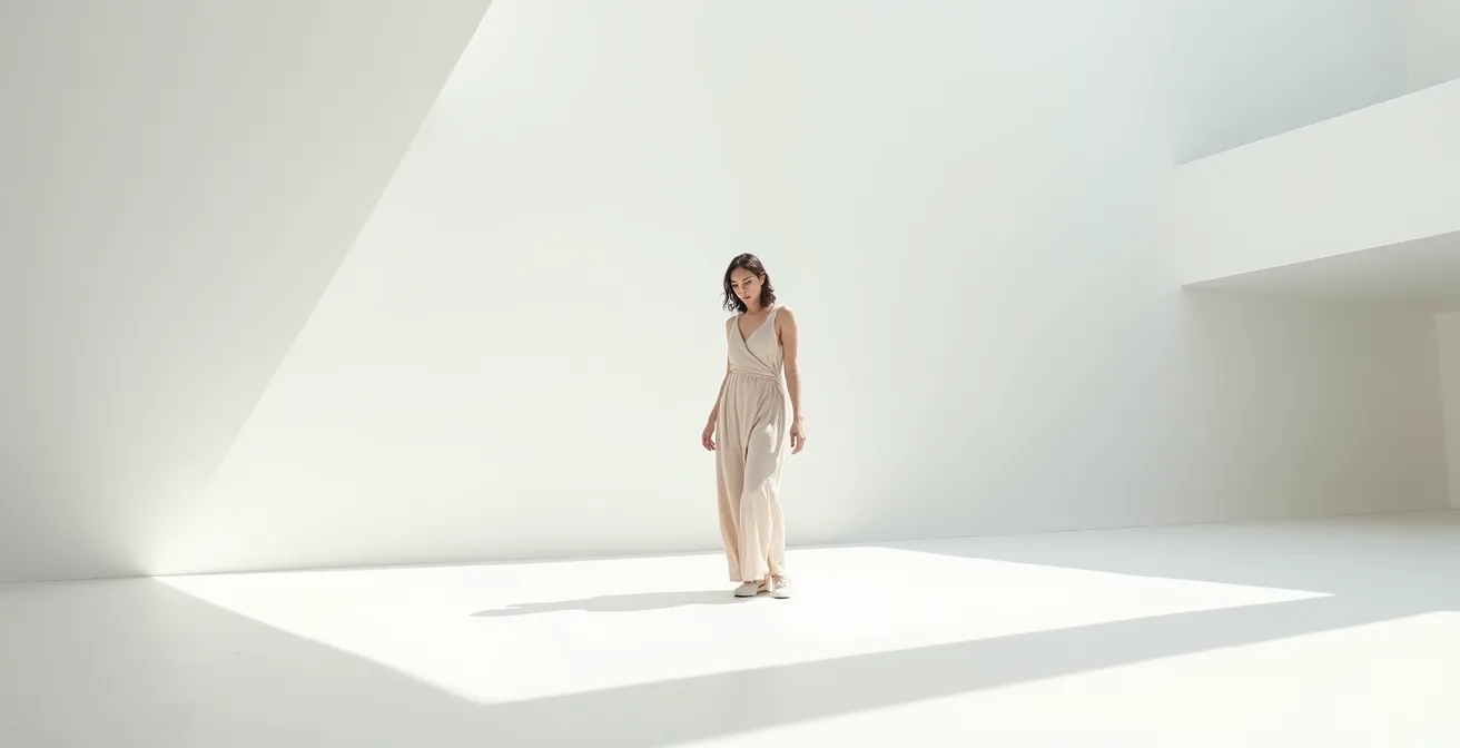 Model in wide shot standing confidently in minimalist space representing mental boundaries