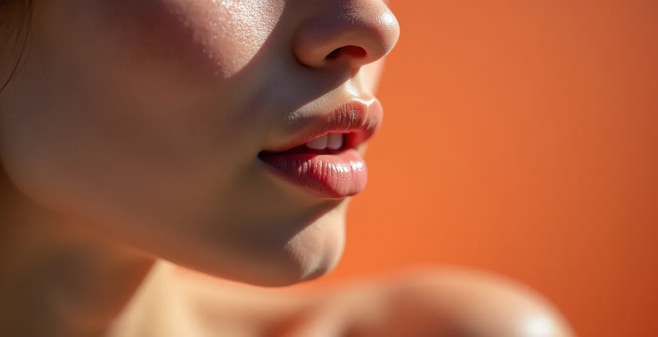 Extreme close-up of model's flawless skin texture under natural light showing no-retouching quality
