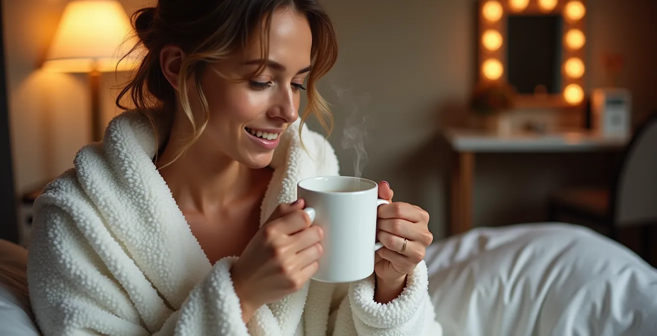 Model wrapped in cozy white robe holding warm tea cup in bright studio setting