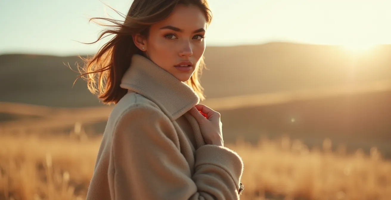 Model elegantly holding winter coat draped over shoulder in bright sunlight
