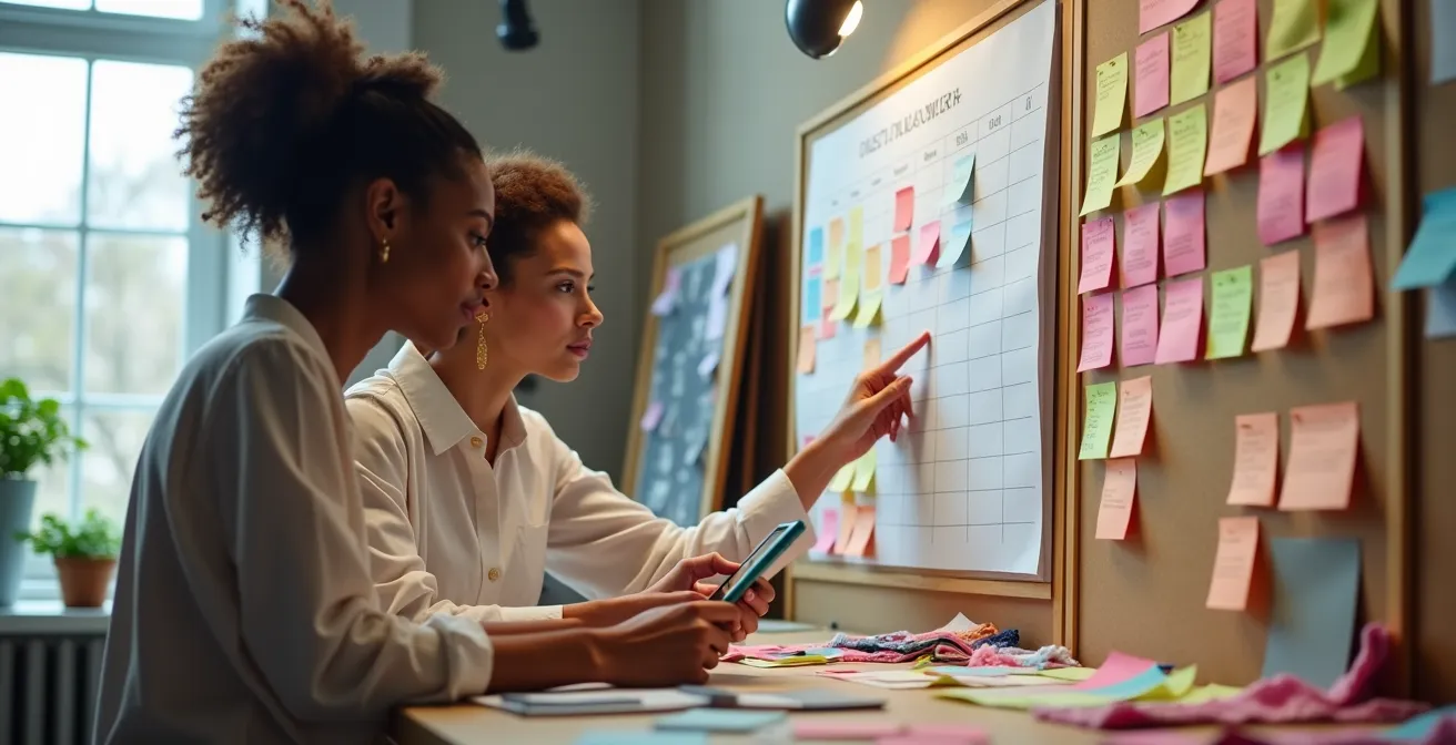 Creative team planning monthly deliverables with color-coded calendar and content samples