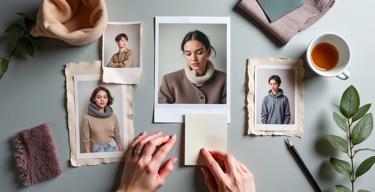 Photographer and model examining printed mood board references for fashion shoot planning