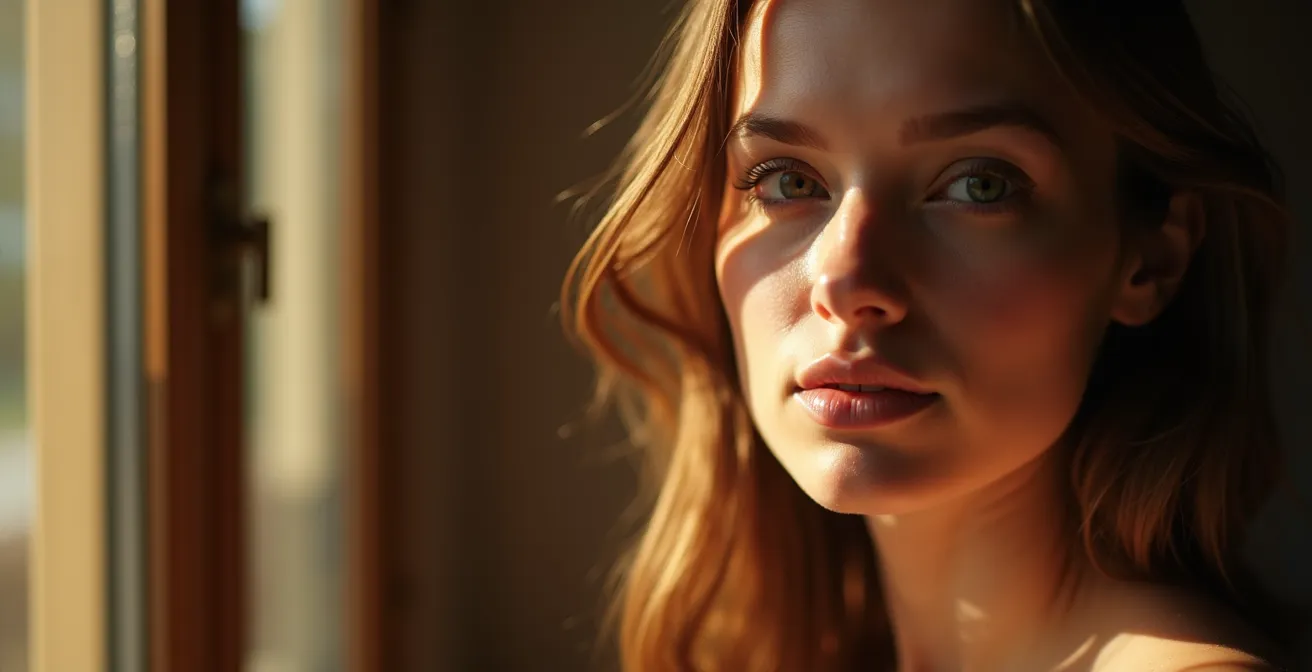 Close-up portrait demonstrating soft window light technique with visible light gradient on face