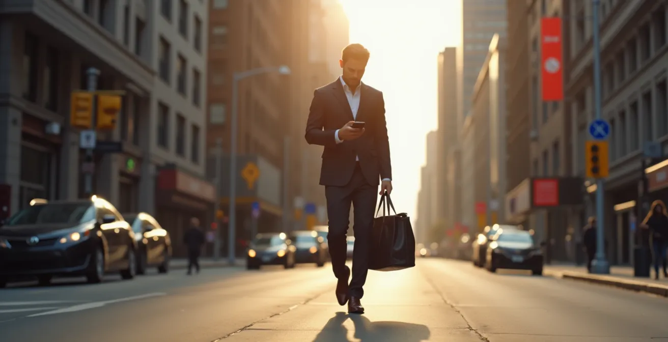 Actor checking phone while walking through NYC streets between auditions