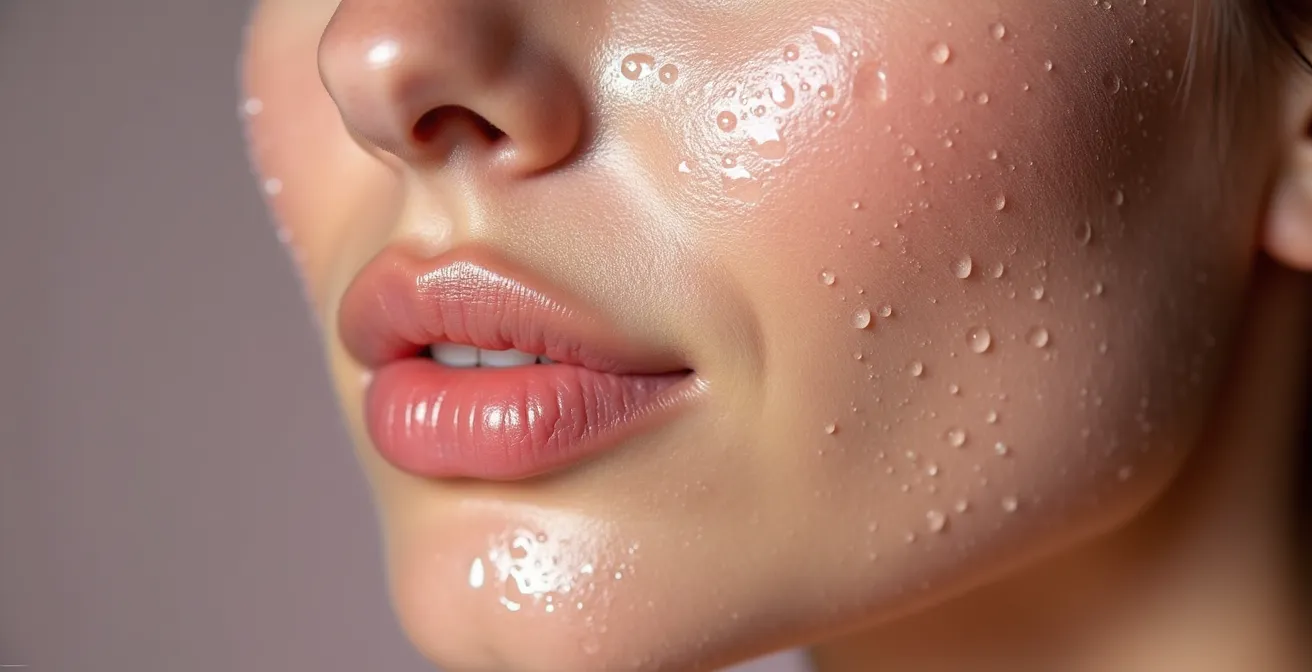 Macro shot of dewy, plump skin texture showing the glass skin effect
