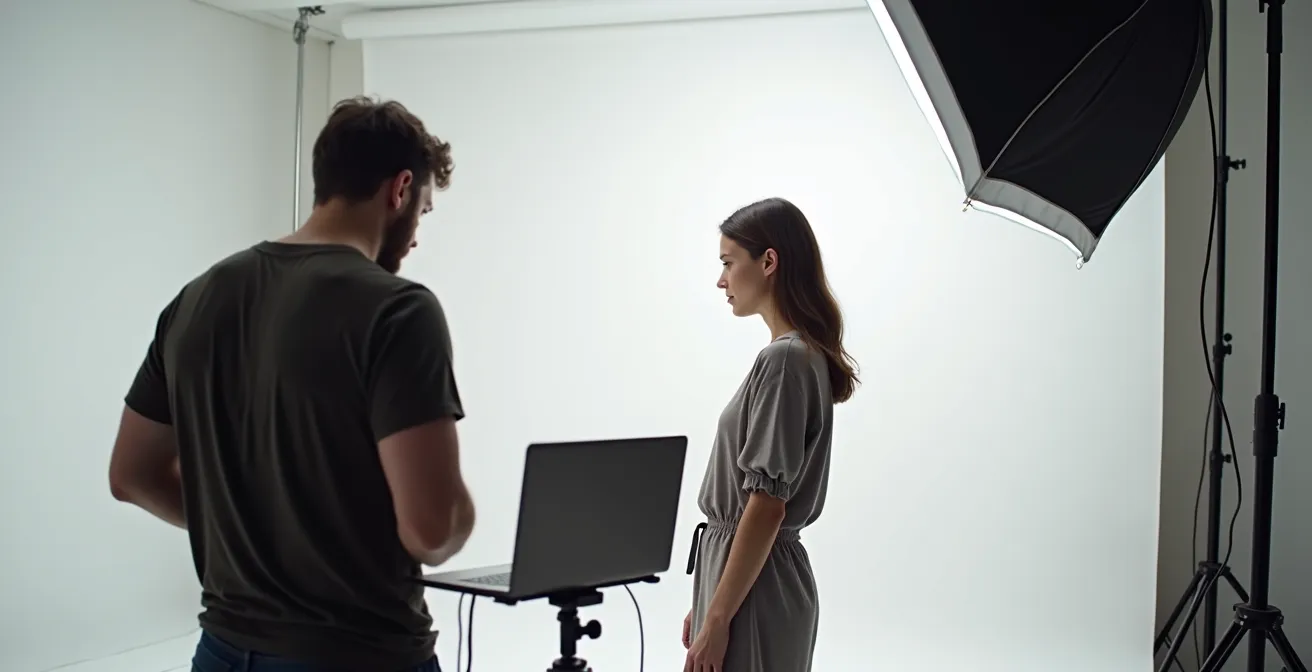 Photographer and model collaborating while reviewing images on tethered laptop during fashion shoot