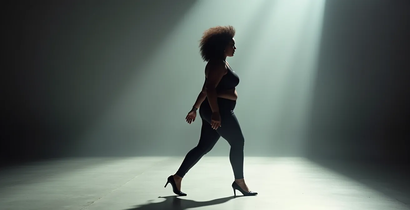 Plus-size model demonstrating confident walk and poses during casting